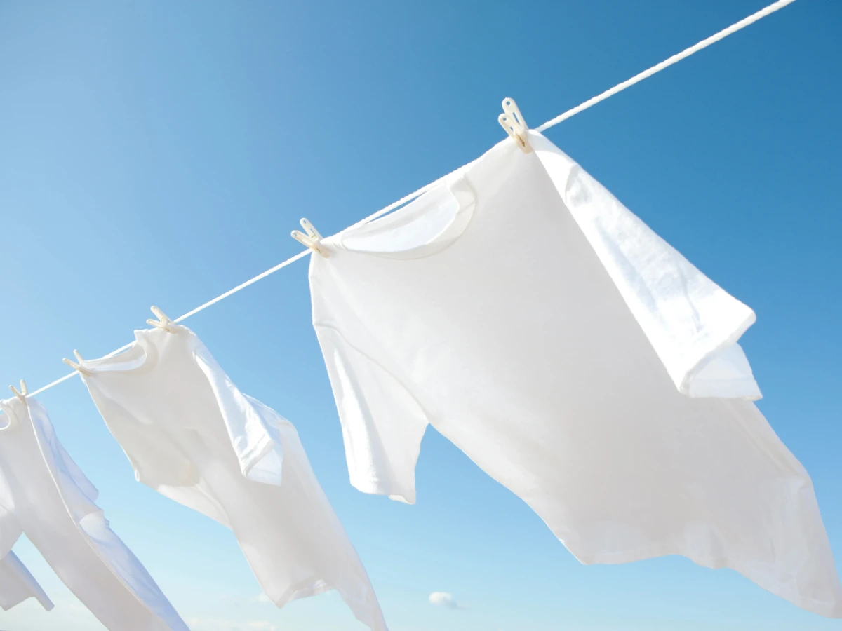  Wäsche hängt auf einer Wäscheleine draußen 