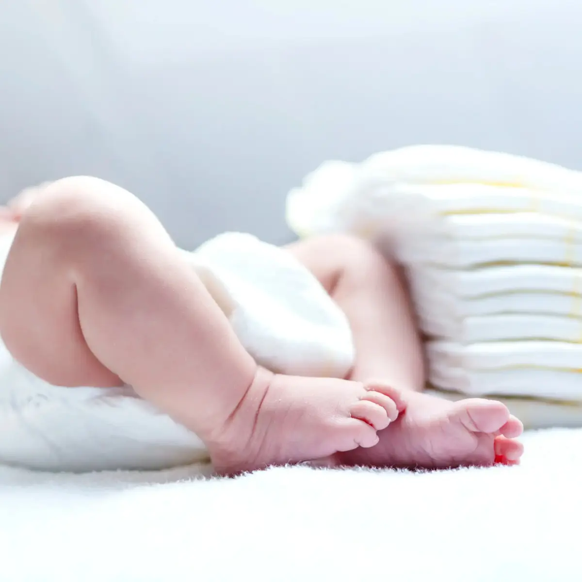  Baby liegt auf Wickeltisch mit Einwegwindeln 