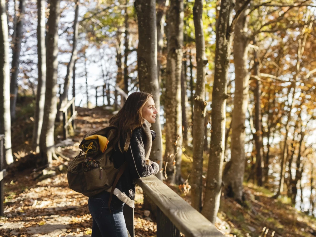 Frau beim Wandern im Wald 