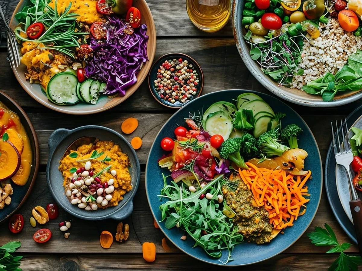  Bowls mit Salaten auf einem Tisch 