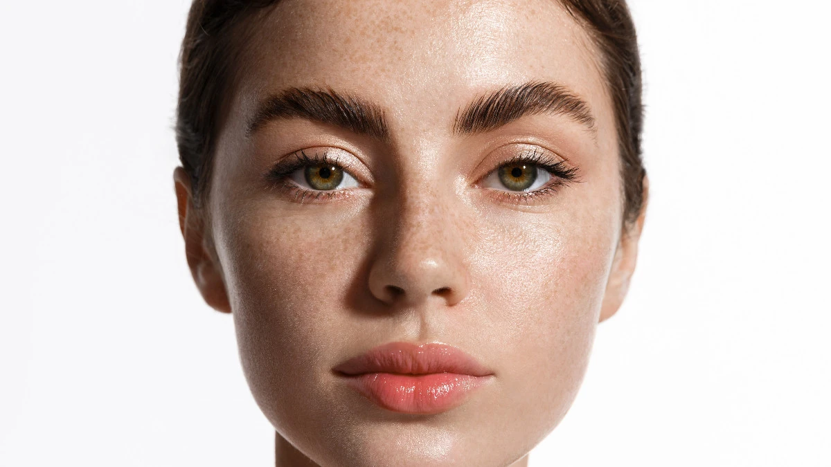  Dunkelhaarige Frau mit natürlichen, dichten Augenbrauen 